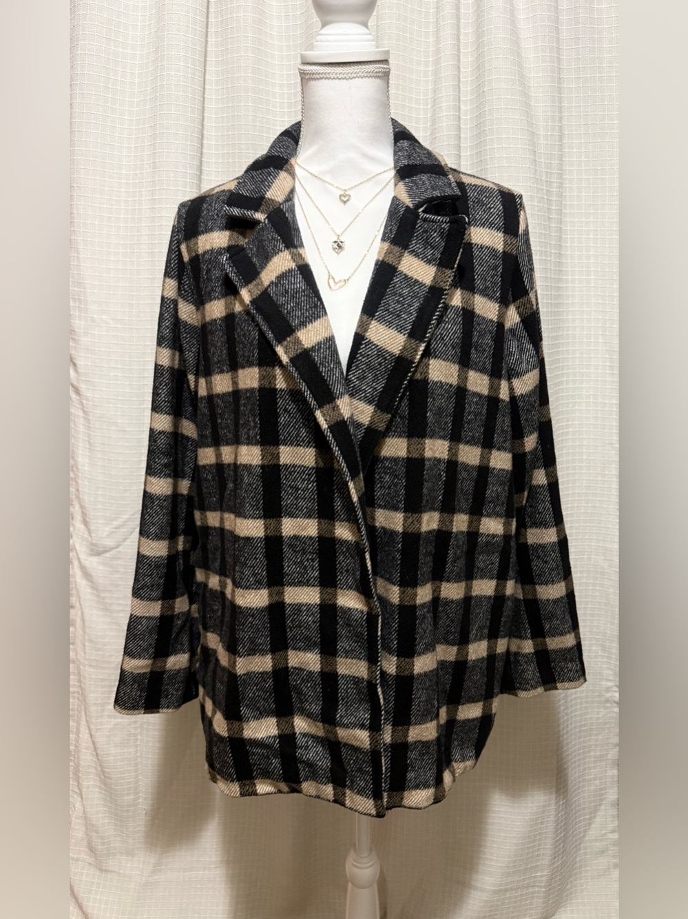 Joie L Black Camel Plaid Oversized Blazer Coat Shacket Wool Blend